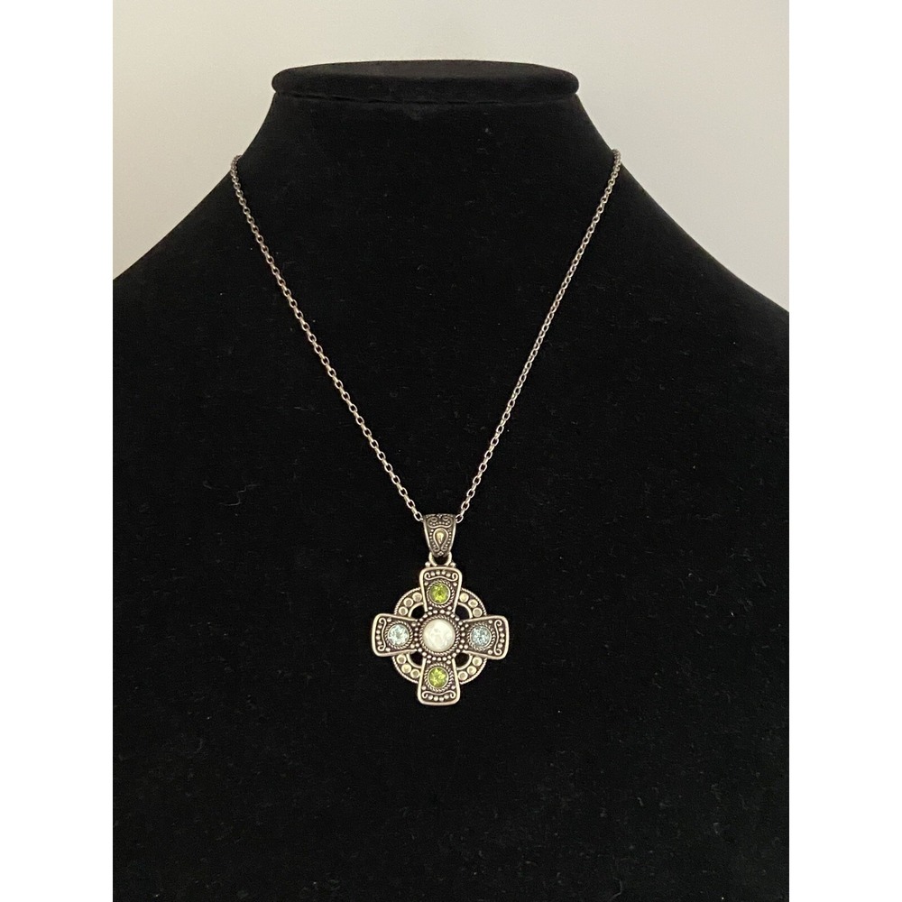 Sterling 18K Indonesia Signed BA Pendant Blue/Green/White Stones925 Necklace